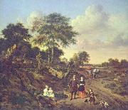 Portrait of a couple with two children and a nursemaid in a landscape